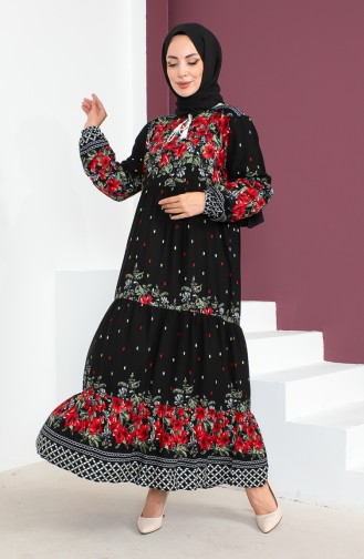Plus Size Patterned Viscose Dress 1907-04 Black 1907-04