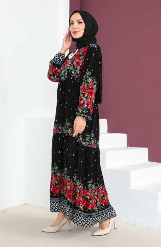 Plus Size Patterned Viscose Dress 1907-04 Black 1907-04