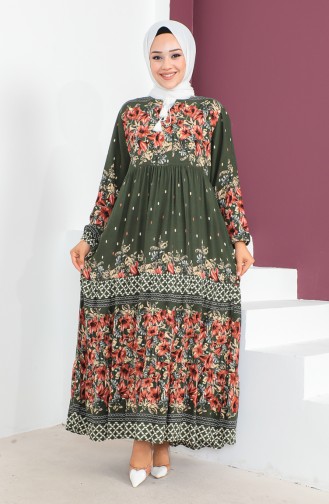 Plus Size Patterned Viscose Dress 1907-05 Khaki 1907-05