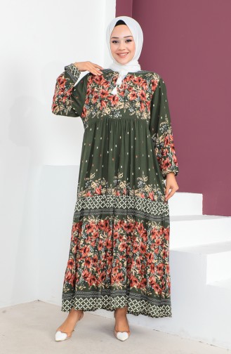 Plus Size Patterned Viscose Dress 1907-05 Khaki 1907-05