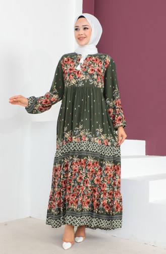 Plus Size Patterned Viscose Dress 1907-05 Khaki 1907-05