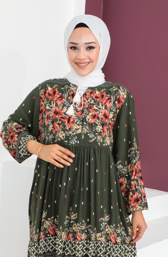 Plus Size Patterned Viscose Dress 1907-05 Khaki 1907-05