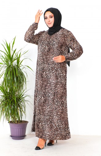 Plus Size Patterned Viscose Dress 2008-01 Brown 2008-01