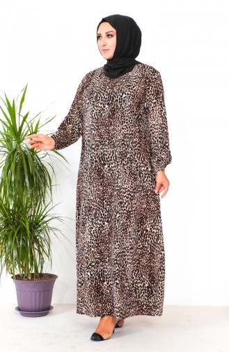 Plus Size Patterned Viscose Dress 2008-01 Brown 2008-01