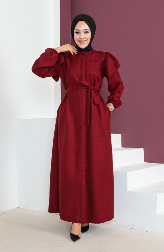 Robe Jacquard à Boutons Cachés 23K8812-01 Rouge Claret 23K8812-01