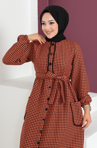 Hahnentrittgemustertes Kleid mit Gürtel 23K8824-02 Orange 23K8824-02