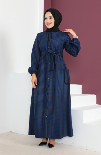 Kazayağı Desenli Kuşaklı Elbise 23K8824-03 Saks