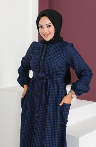Kazayağı Desenli Kuşaklı Elbise 23K8824-03 Saks