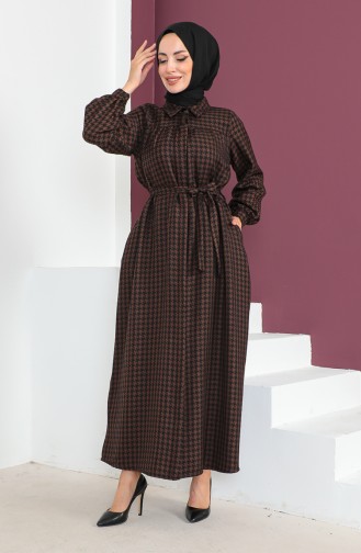 Geknöpftes Kleid mit Hahnentrittmuster 23K8828-01 Braun 23K8828-01
