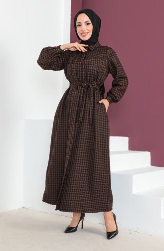 Geknöpftes Kleid mit Hahnentrittmuster 23K8828-01 Braun 23K8828-01