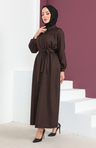 Geknöpftes Kleid mit Hahnentrittmuster 23K8828-01 Braun 23K8828-01