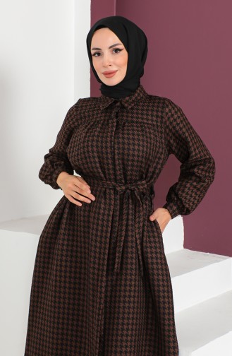 Geknöpftes Kleid mit Hahnentrittmuster 23K8828-01 Braun 23K8828-01