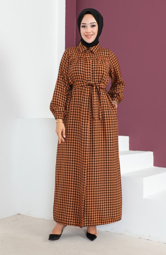 Houndstooth Patterned Buttoned Dress 23k8828-02 Tan 23K8828-02