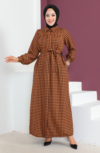 Houndstooth Patterned Buttoned Dress 23k8828-02 Tan 23K8828-02