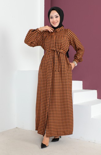 Houndstooth Patterned Buttoned Dress 23k8828-02 Tan 23K8828-02