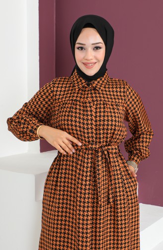 Houndstooth Patterned Buttoned Dress 23k8828-02 Tan 23K8828-02