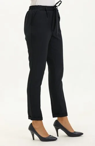 Pantalon Carotte Taille Haute Ceinturé Bleu Marine Pour Femme 1103-01 Bleu Marine 1103-01