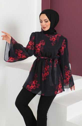 Floral Patterned Belted Tunic 1851-05 Black 1851-05