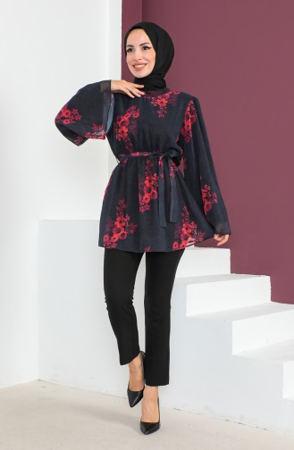 Floral Patterned Belted Tunic 1851-05 Black 1851-05