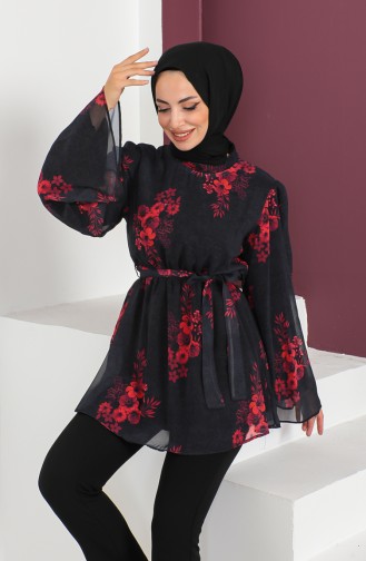 Floral Patterned Belted Tunic 1851-05 Black 1851-05