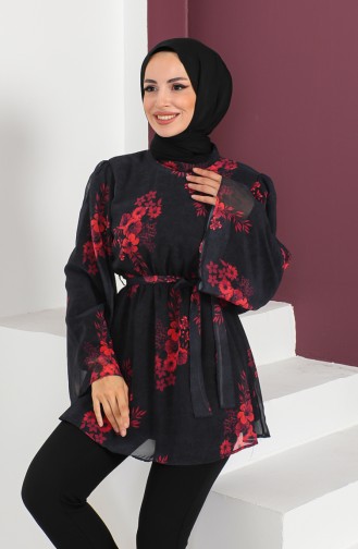 Floral Patterned Belted Tunic 1851-05 Black 1851-05