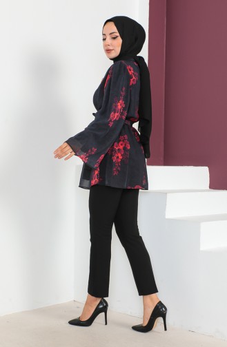 Floral Patterned Belted Tunic 1851-05 Black 1851-05