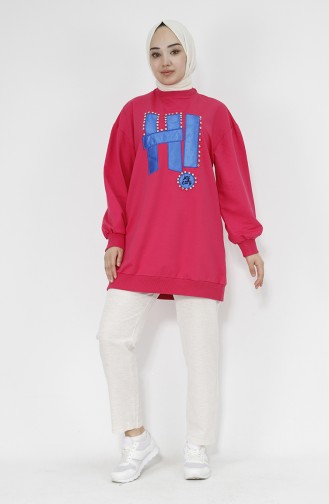 Stone And Text Detailed 2 Thread Fabric Sweatshirt 71102-05 Fuchsia 71102-05