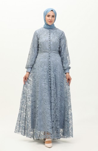Lace Detailed Evening Dress 5477A-02 Blue 5477A-02
