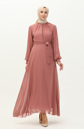 Button Detailed Belted Chiffon Evening Dress 5695A-01 Dusty Rose 5695A-01
