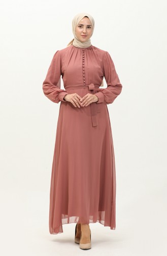 Button Detailed Belted Chiffon Evening Dress 5695A-01 Dusty Rose 5695A-01