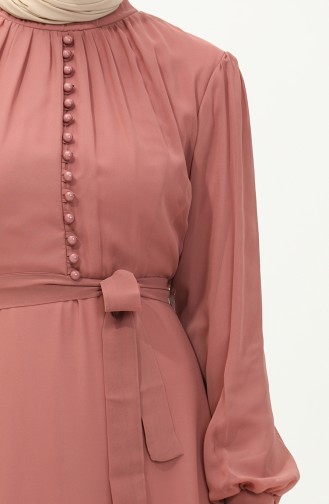 Button Detailed Belted Chiffon Evening Dress 5695A-01 Dusty Rose 5695A-01