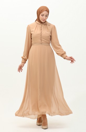 Button Detailed Belted Chiffon Evening Dress 5695a-02 Milky Coffee 5695A-02