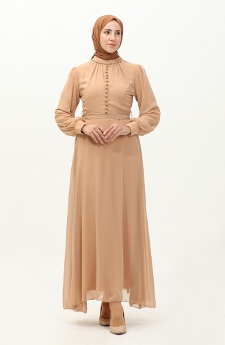 Button Detailed Belted Chiffon Evening Dress 5695a-02 Milky Coffee 5695A-02