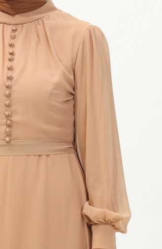Button Detailed Belted Chiffon Evening Dress 5695a-02 Milky Coffee 5695A-02