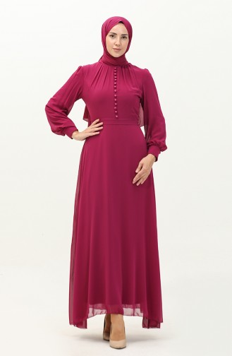 Button Detailed Belted Chiffon Evening Dress 5695a-03 Fuchsia 5695A-03