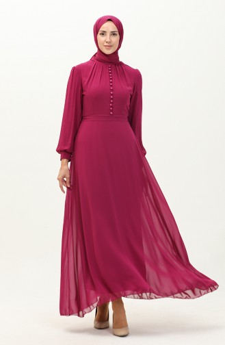 Button Detailed Belted Chiffon Evening Dress 5695a-03 Fuchsia 5695A-03