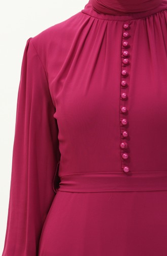 Button Detailed Belted Chiffon Evening Dress 5695a-03 Fuchsia 5695A-03