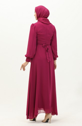 Button Detailed Belted Chiffon Evening Dress 5695a-03 Fuchsia 5695A-03