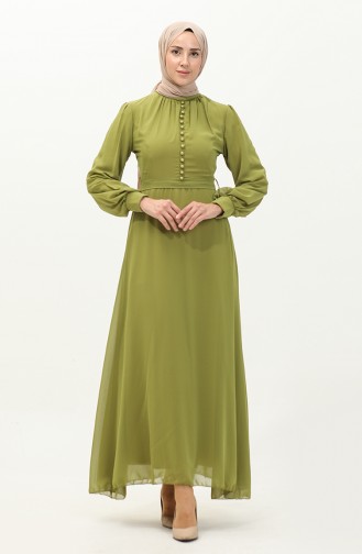 Button Detailed Belted Chiffon Evening Dress 5695a-04 Oil Green 5695A-04