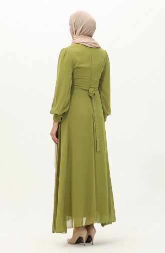 Button Detailed Belted Chiffon Evening Dress 5695a-04 Oil Green 5695A-04