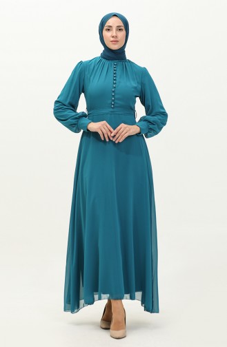 Button Detailed Belted Chiffon Evening Dress 5695a-06 Petrol 5695A-06