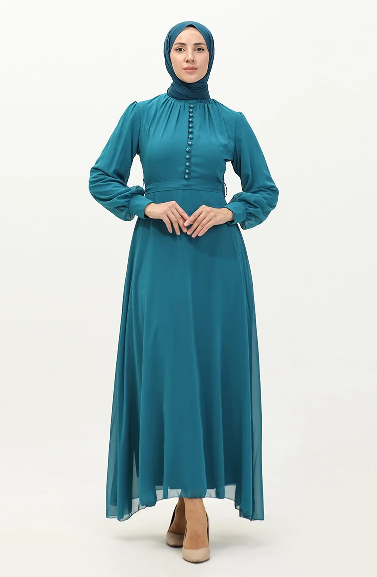 Chiffon-Abendkleid mit Knopfleiste und Gürtel 5695A-06 Petrol 5695A-06