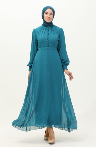 Button Detailed Belted Chiffon Evening Dress 5695a-06 Petrol 5695A-06