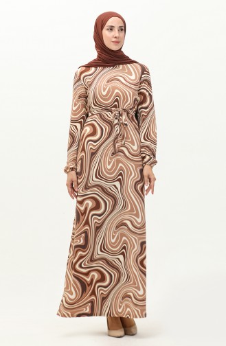 Patterned Hijab Long Dress 8648-01 Brown 8648-01