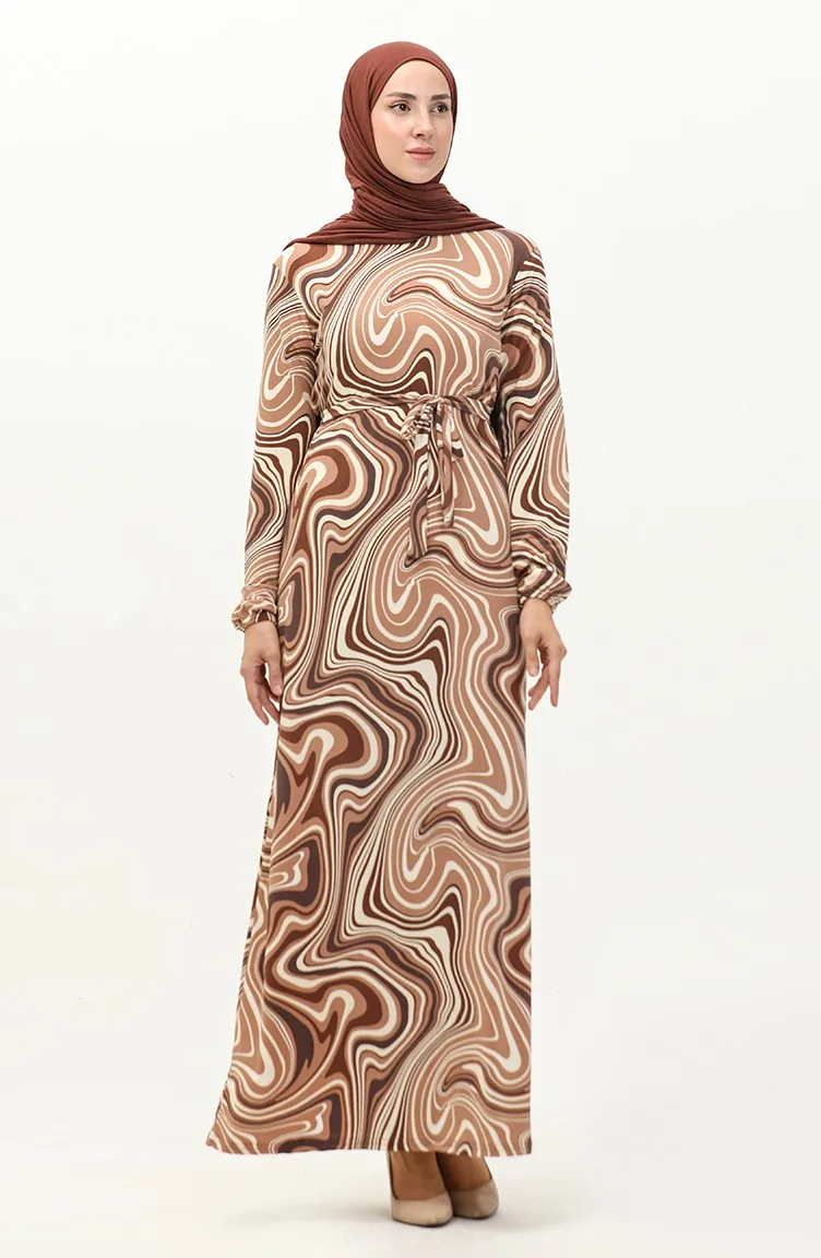 Gemustertes langes Hijab-Kleid 8648-01 Braun 8648-01