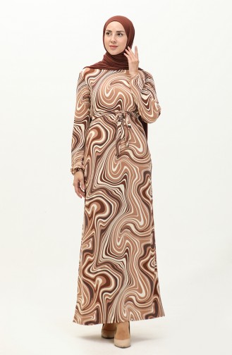 Patterned Hijab Long Dress 8648-01 Brown 8648-01