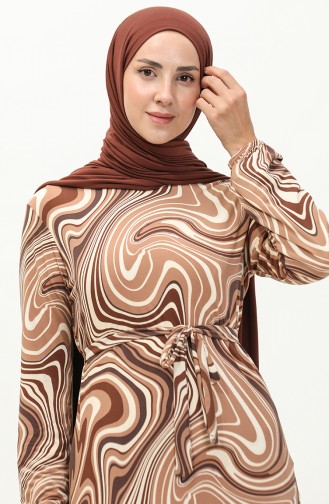 Patterned Hijab Long Dress 8648-01 Brown 8648-01