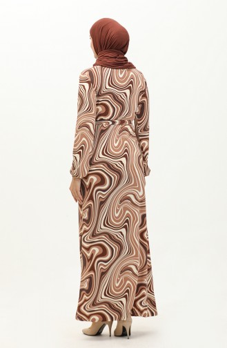 Patterned Hijab Long Dress 8648-01 Brown 8648-01