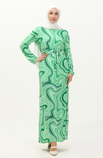 Patterned Hijab Long Dress 8648-02 Green 8648-02