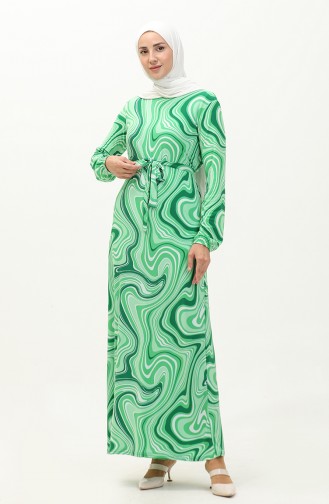 Patterned Hijab Long Dress 8648-02 Green 8648-02
